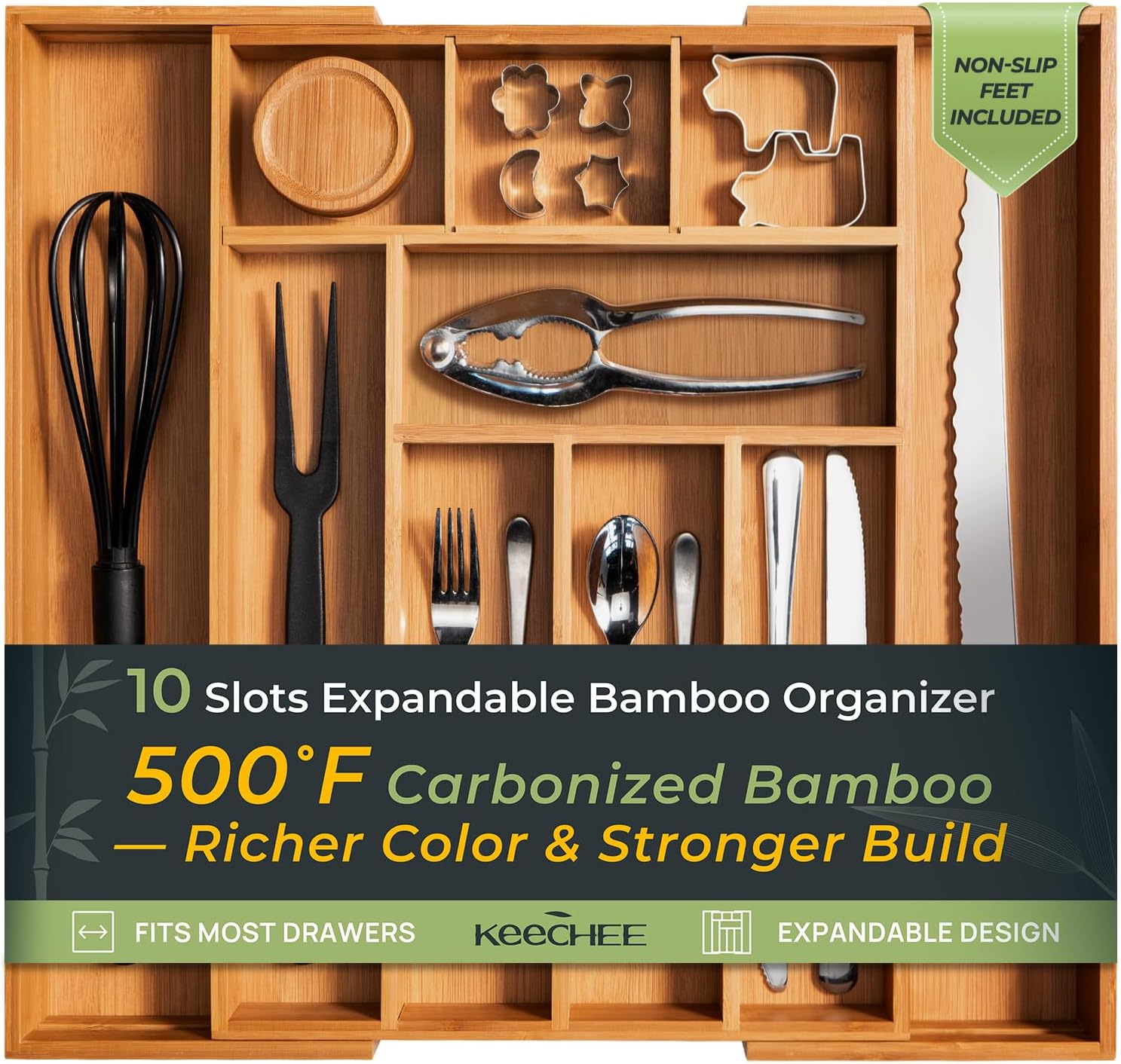 keechee Bamboo Kitchen Drawer Organizer — 10 Slots, Expandable