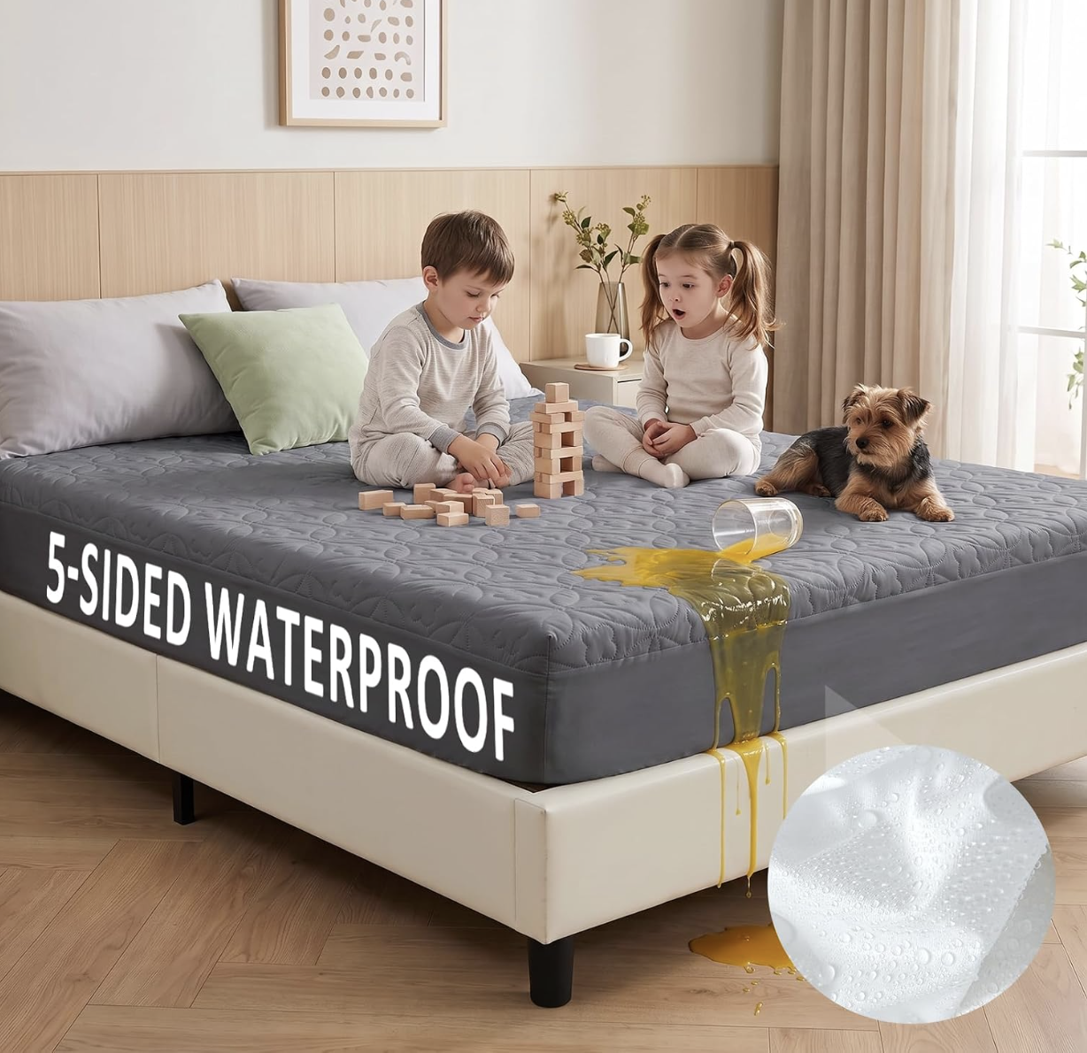 5-Sided Waterproof Mattress Protector, Noiseless Bedding Pad