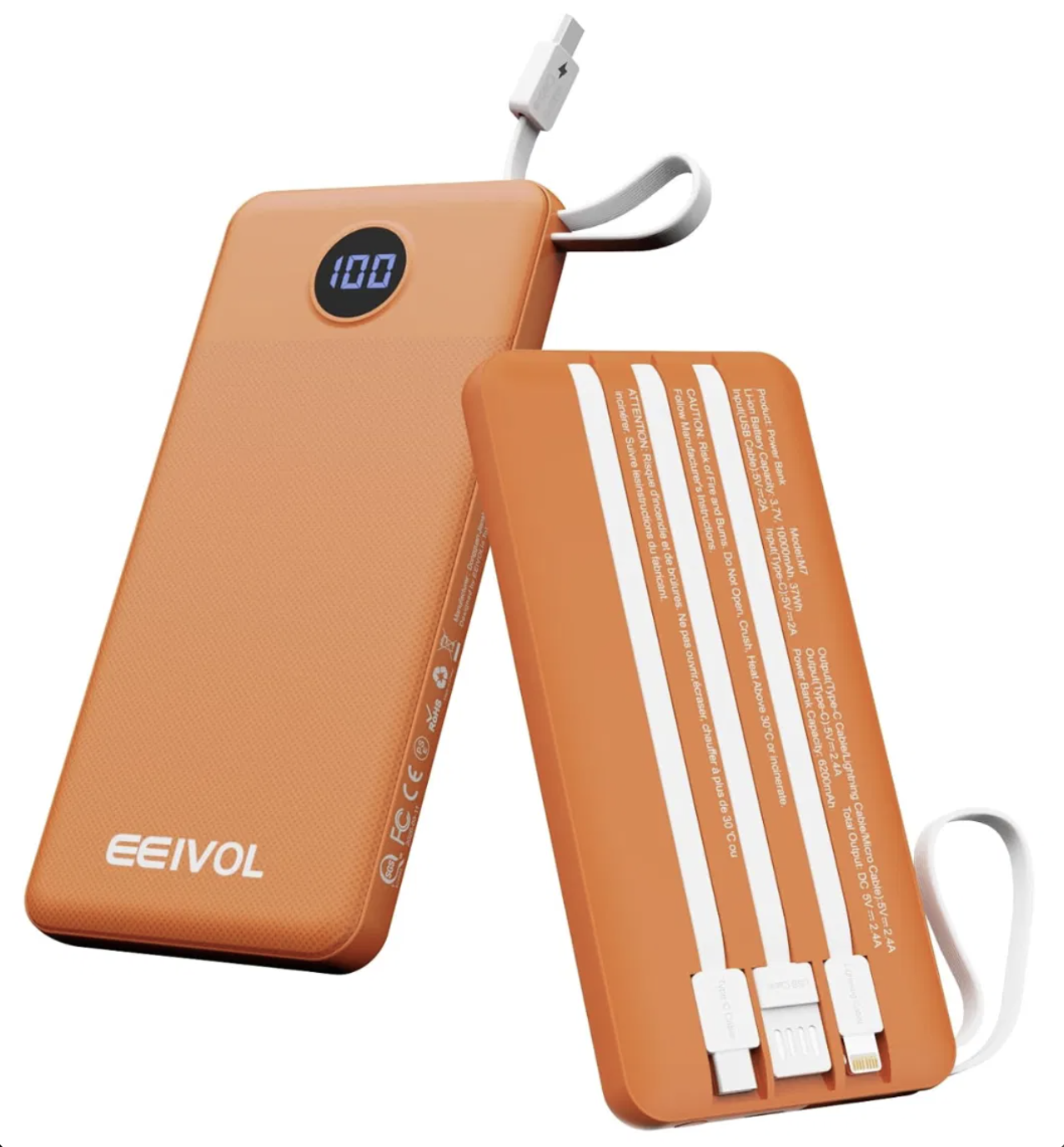 Portable Charger with Built In Cables, Slim 10000mAh USB C Power Bank