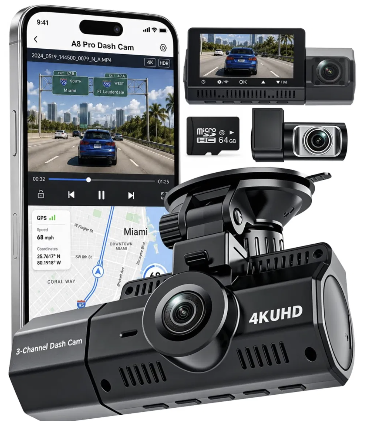 3 Channel Dash Cam, 4K+2.5K+2.5K, WiFi GPS, for Rideshare and Taxi