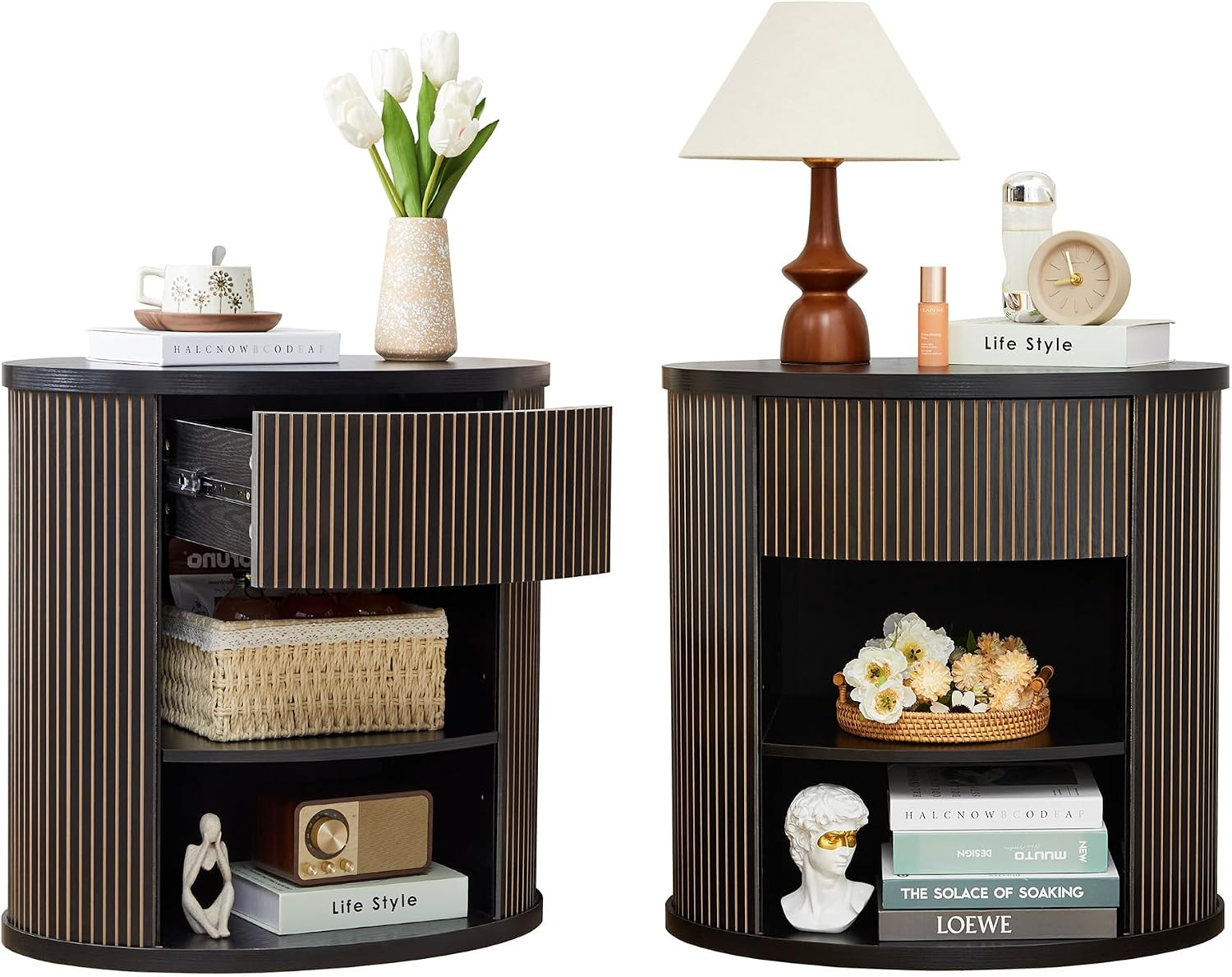 Fluted Round End Table, Set of 2 — Nightstands with Drawer