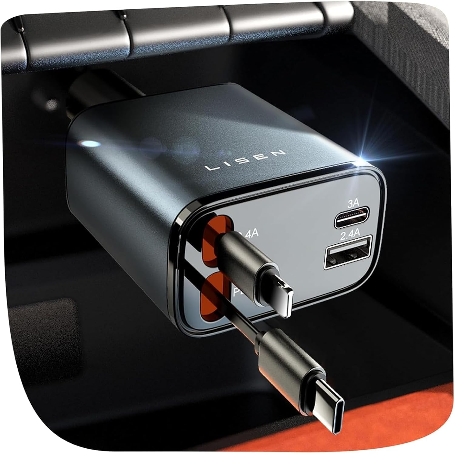LISEN 84W Retractable Car Charger — USB-C & USB-A