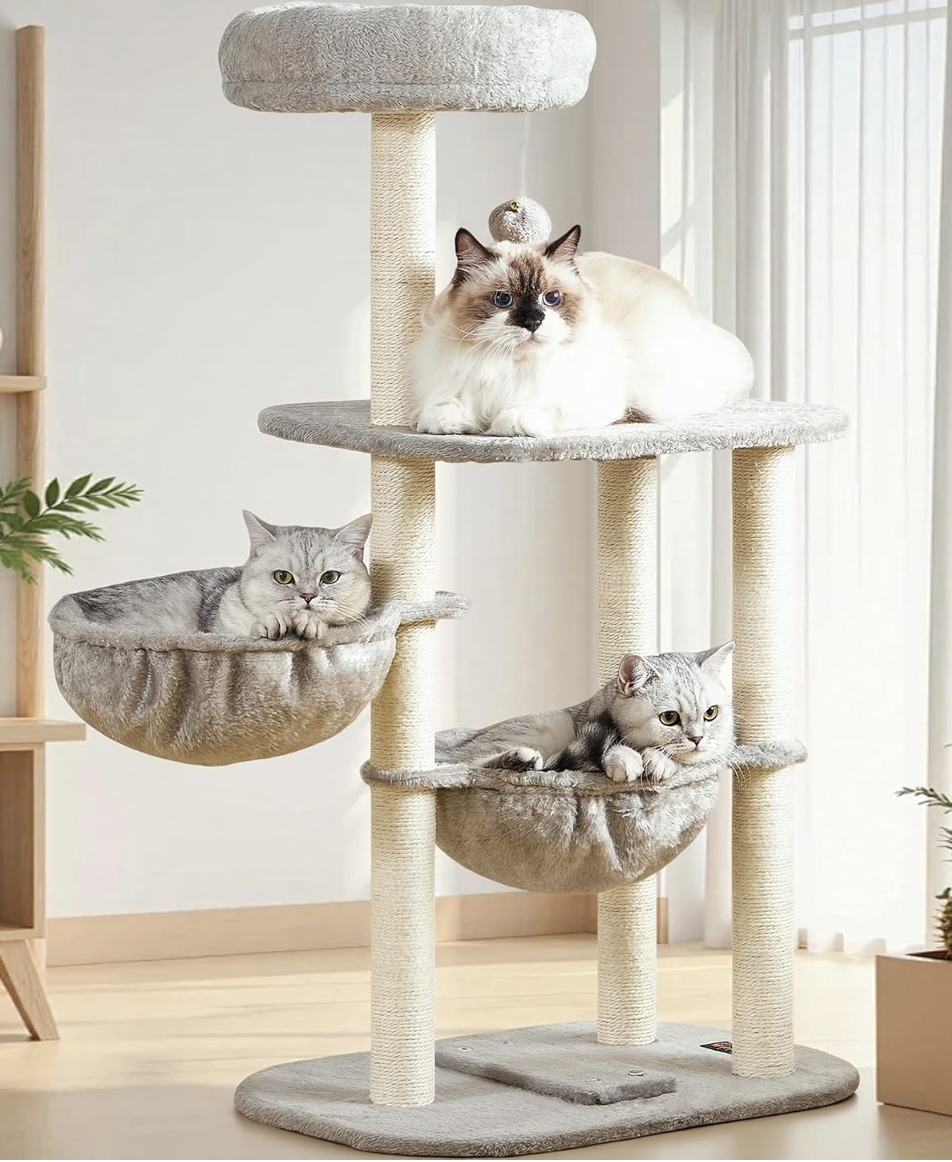 Small Cat Tree Tower, 42 Inch Multi-Level Scratching Posts with Hammock Perch