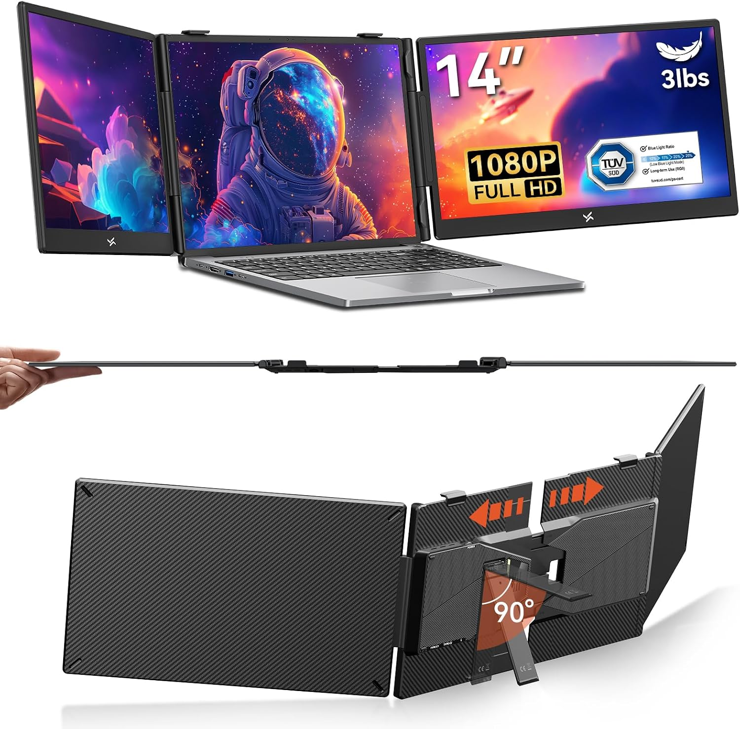Triple Laptop Screen Extender, 14" FHD 1080P Portable Monitor