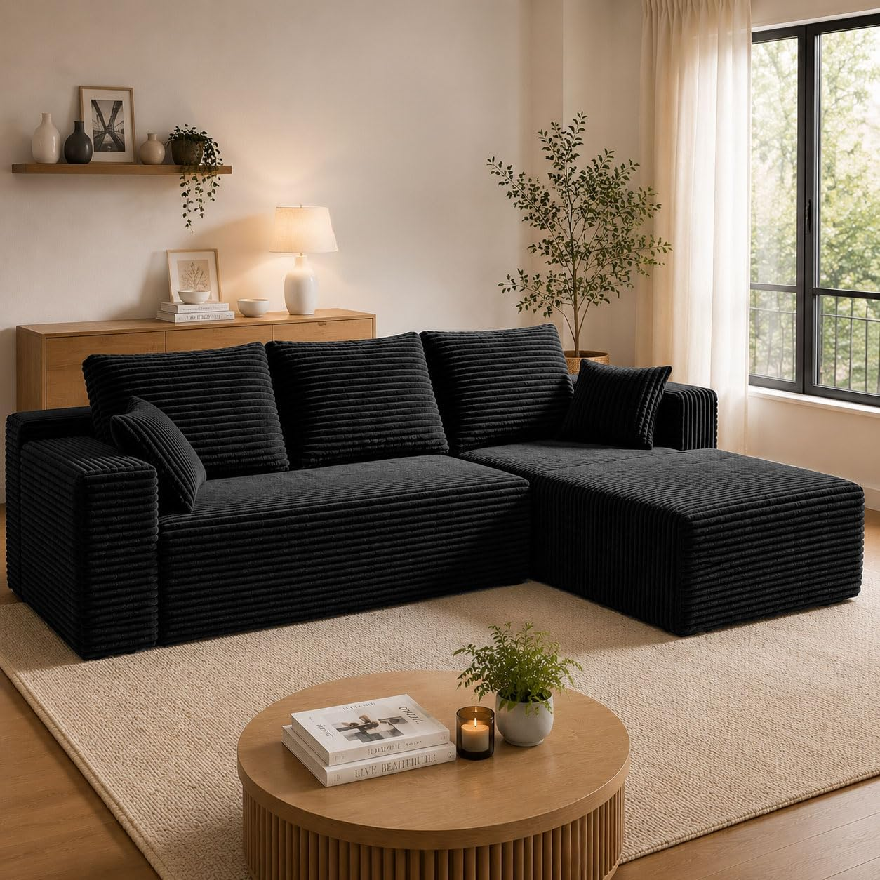 106" Boneless Sectional Sofa — Modular Corduroy L-Shape Couch
