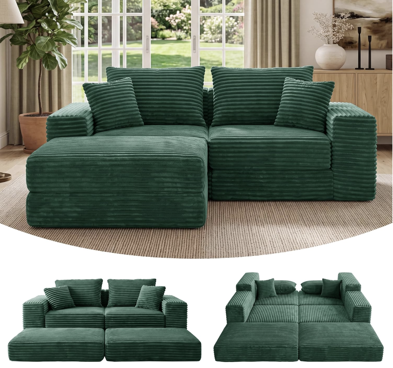 Modular Sectional Boneless Cloud Sofa, Corduroy (Green)
