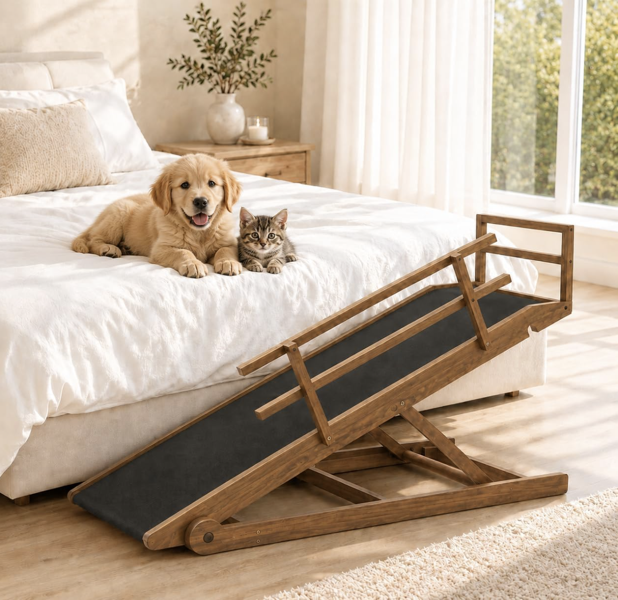 Dog Ramp for Bed — Foldable Wooden Ramp for Small Dogs, Senior Dogs & Cats