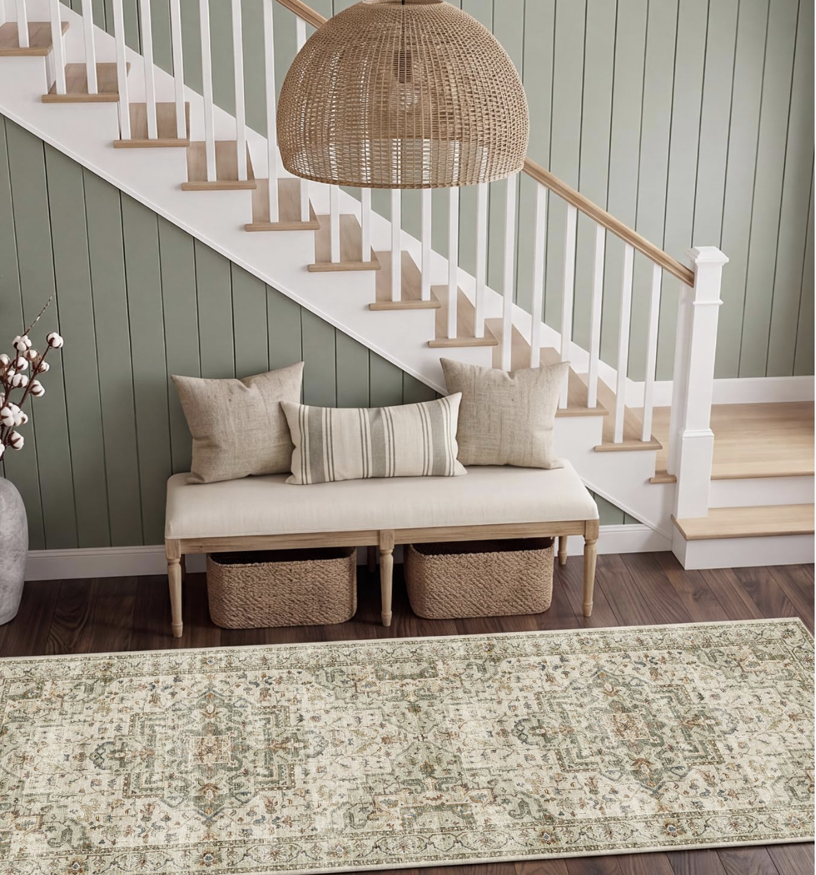 Runner Rug 2x6 Ivory/Sage — Washable Vintage Boho, Ultra-Soft