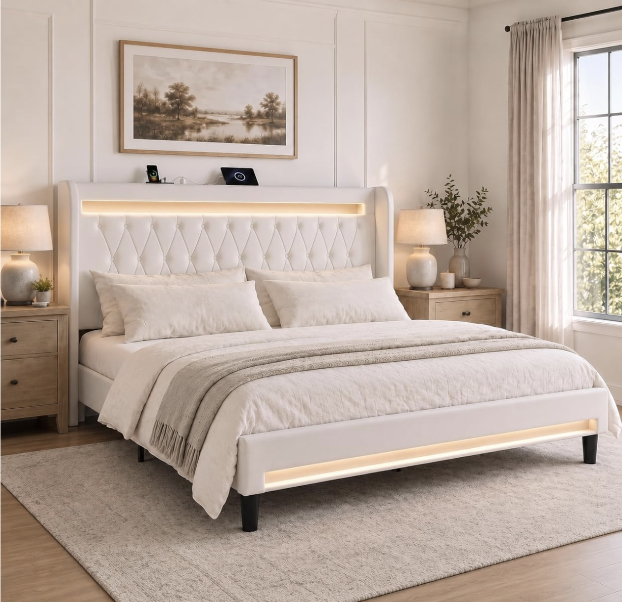 King Size Upholstered Bed Frame with LED Lights & Charging Station
